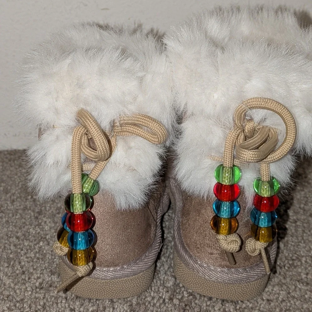 Toddler Girls Faux Suede Winter Boots Faux Fur Colorful Beads Tan Size 6‎ NEW